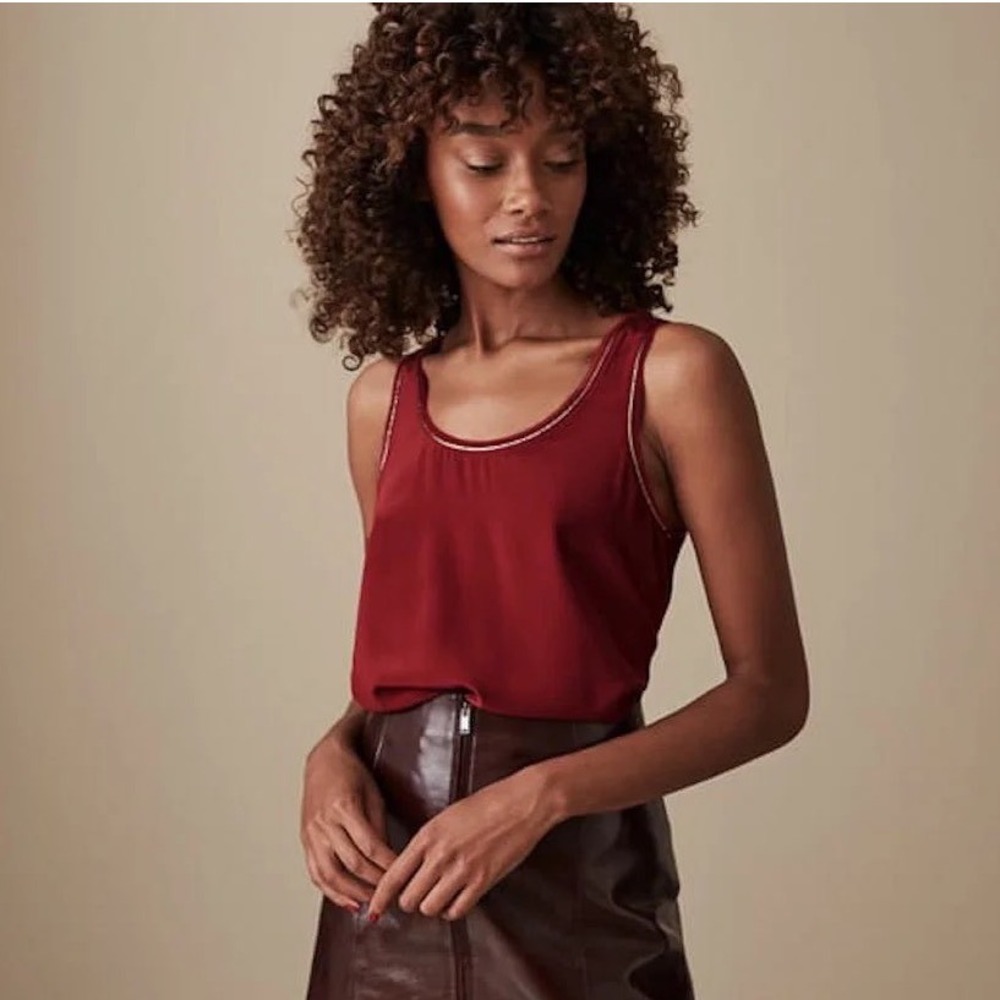 Reiss Marton Berry Red Silk Front Tank Top Gold Embroidered Trim Size S NWT
